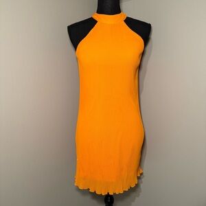 Japna Women's Orange Halter Dress Pleated Tie Neck Sash